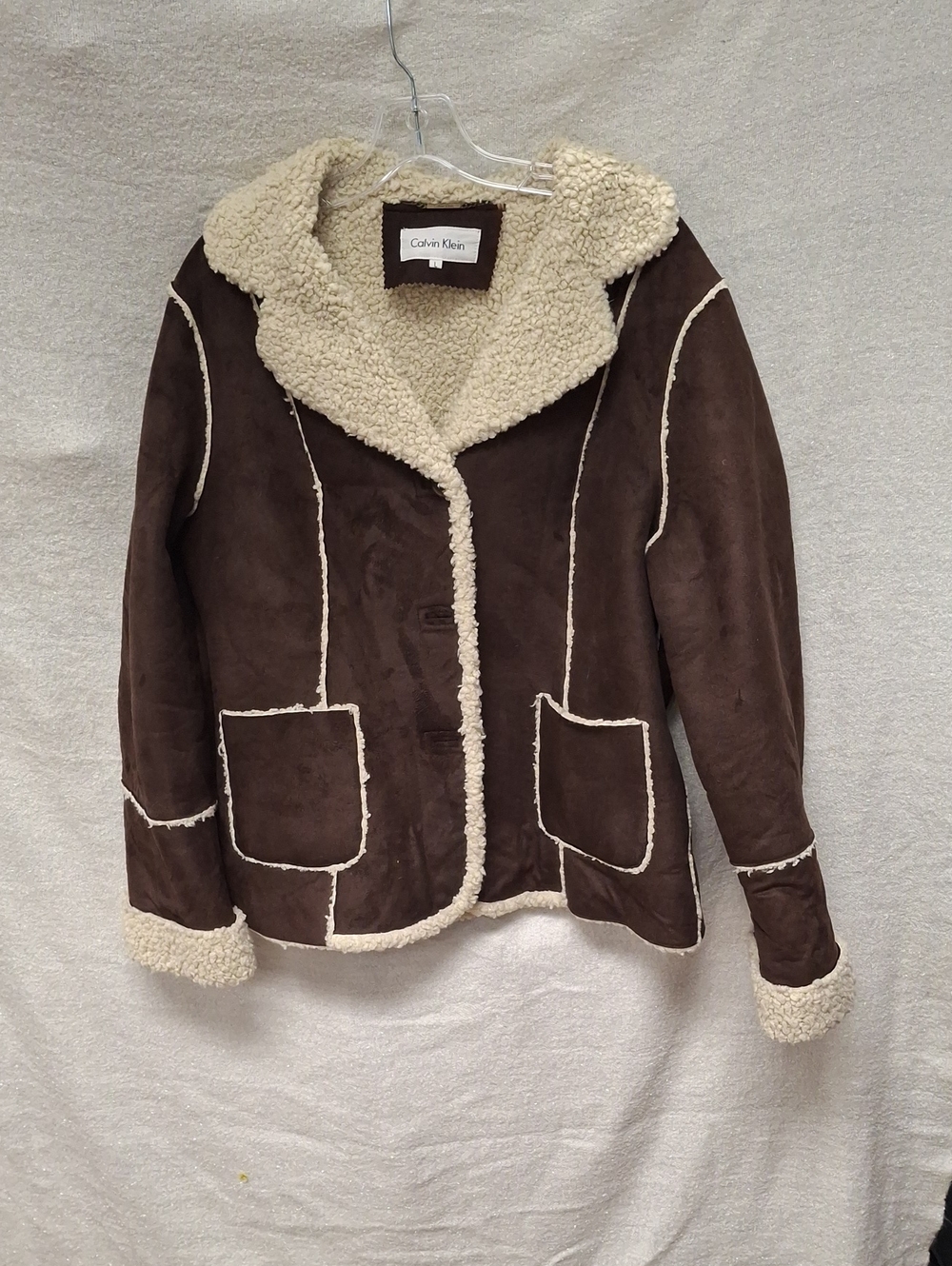 Calvin Klein Women's Dark Brown Shearling Trim Jacket - Size L